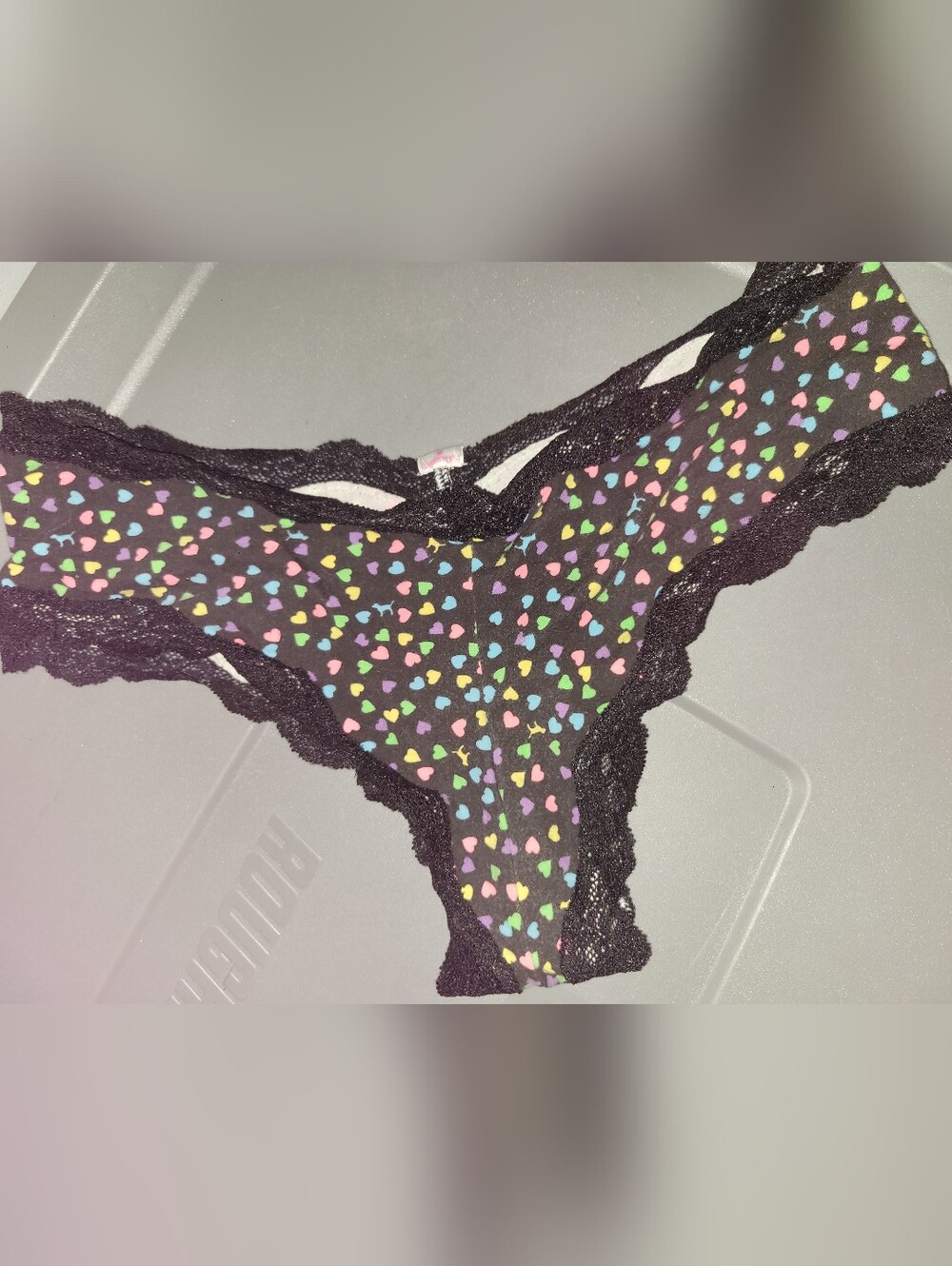 Victoria's Secret Black Lace Bikini Panty with Multicolor Heart Print